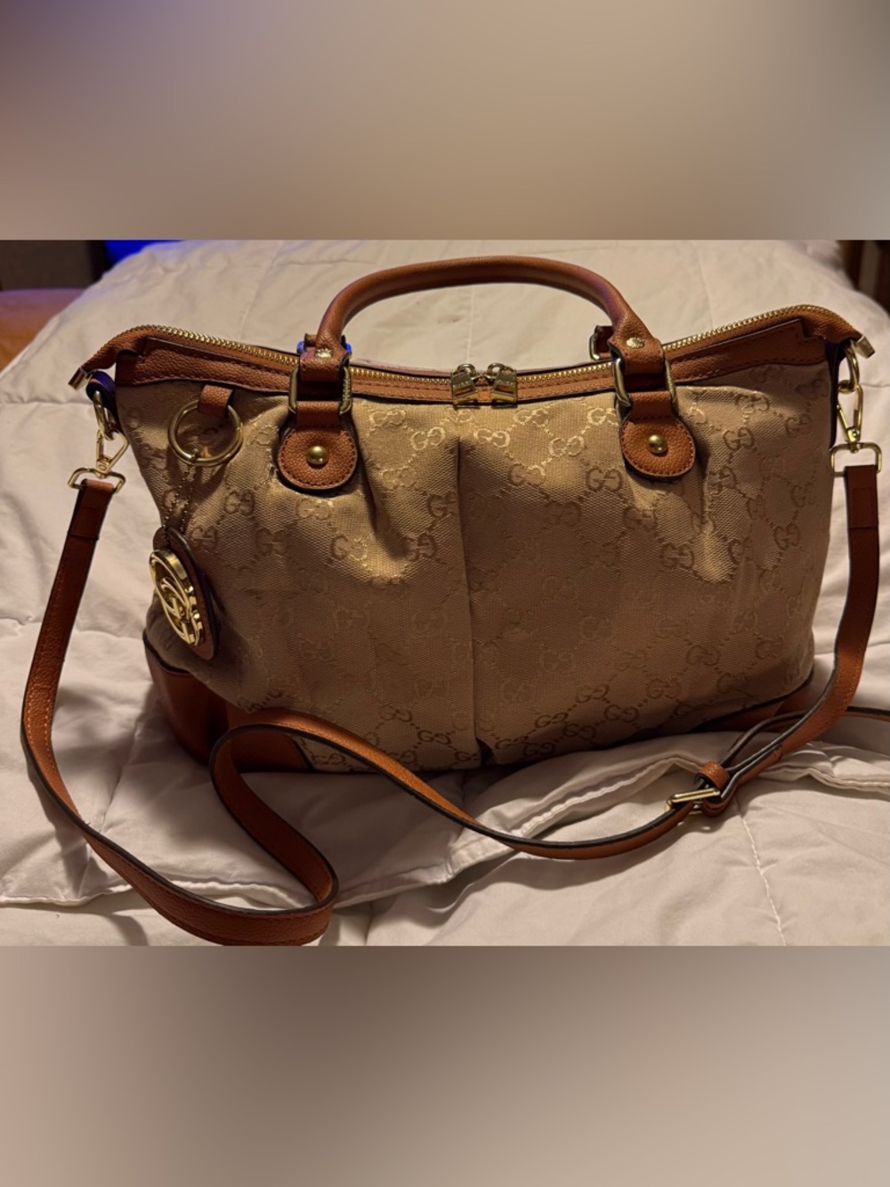 Fashionable Beige & Brown Monogram Canvas Satchel with Wallet